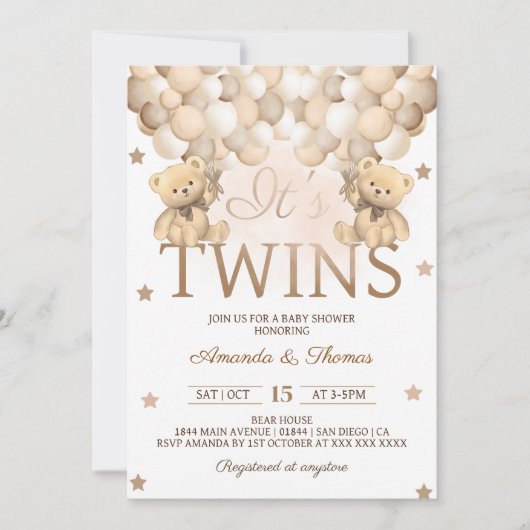 Zwillingsbär mit neutraler Balloons Babydusche Einladung (Vorderseite)
