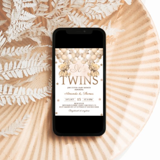 Zwillingsbär mit neutraler Balloons Babydusche Einladung