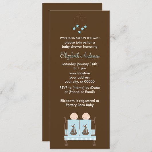 Zwillingsboys in Blue Crib Babydusche Einladung (Vorne/Hinten)