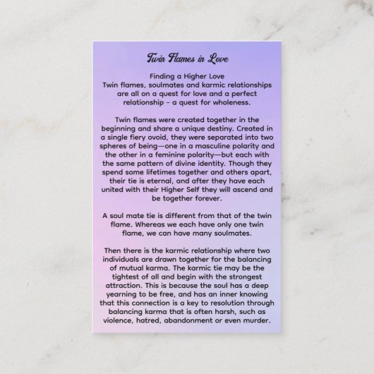 ZwillingsFlammen und Soul-Paare Visitenkarte (Rückseite)