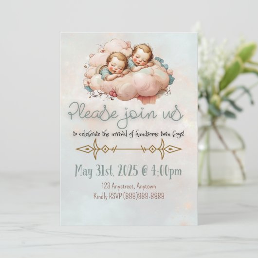 Zwillingsjunge Baby Einladung (Stehend Vorderseite)
