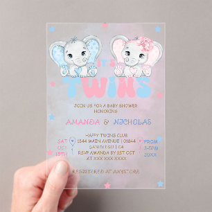 Zwillingsjunge Mädchen Elefanten Babyparty Acryleinladungen