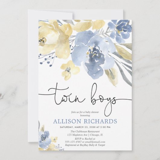 Zwillingsjungen Dusty-Blue-Gelb-Babydusche Einladung (Vorderseite)