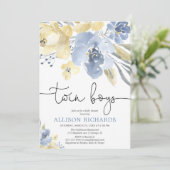 Zwillingsjungen Dusty-Blue-Gelb-Babydusche Einladung (Stehend Vorderseite)