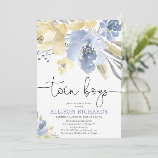Zwillingsjungen Dusty-Blue-Gelb-Babydusche Einladung (Stehend Vorderseite)