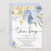 Zwillingsjungen Dusty-Blue-Gelb-Babydusche Einladung (Vorne/Hinten)