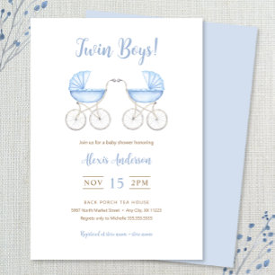 Zwillingsjungen mit blauen Kinderwagen Baby Shower Einladung