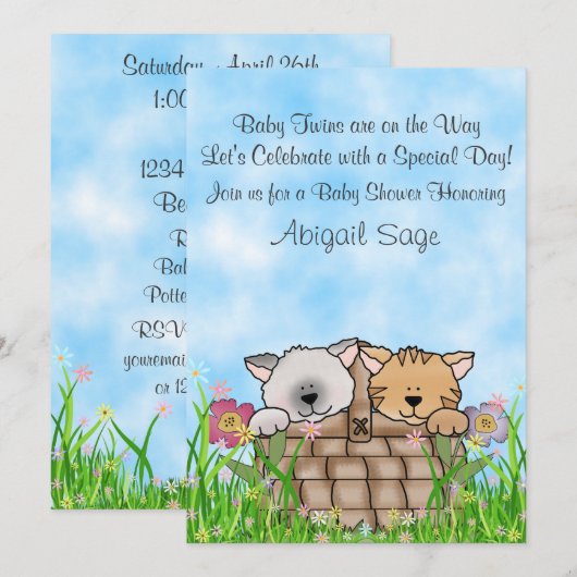 Zwillingskätzchen und Blume Kinderdusche Einladung (Vorne/Hinten)