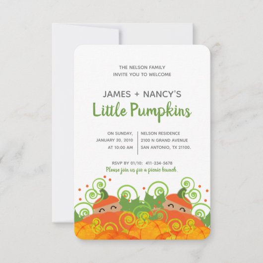 Zwillingskürbis BABY SHOWER Junge dunkler Hautton Einladung (Vorderseite)