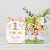 Zwillingsmädchen 1. Geburtstag Pink Floral Elefant Dankeskarte (Stehend Vorderseite)