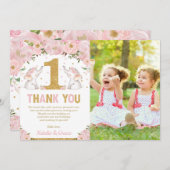 Zwillingsmädchen 1. Geburtstag Pink Floral Elefant Dankeskarte (Vorne/Hinten)