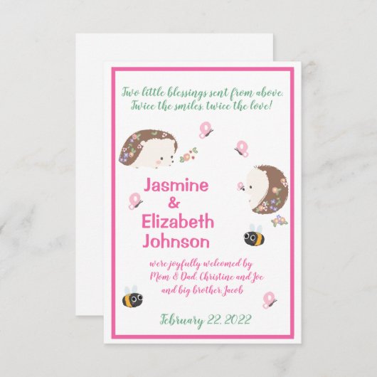 Zwillingsmädchen Geburtserklärung Einladung (Vorne/Hinten)