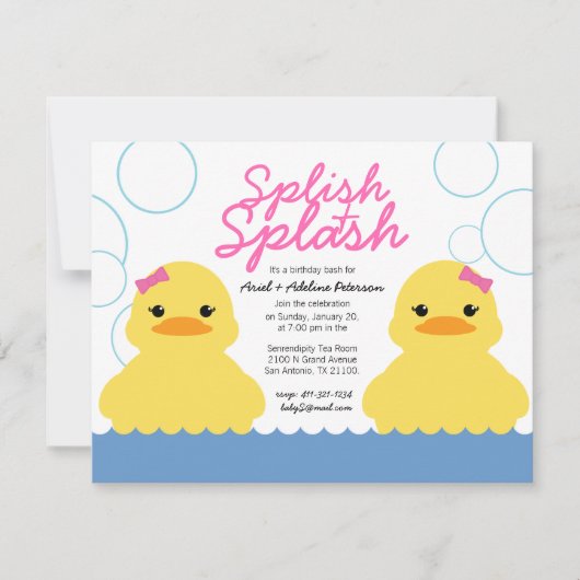 Zwillingsmädchen JEDES ALTER Gummi DUCKY BIRTHDAY Einladung (Vorderseite)