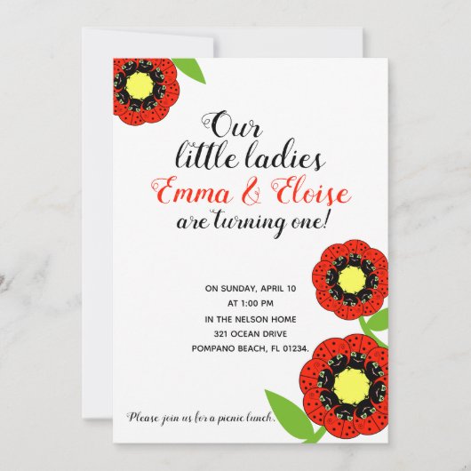 Zwillingsmädchen JEDES ALTER Ladybug BIRTHDAY PART Einladung (Vorderseite)