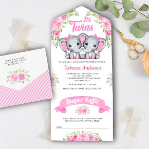 Zwillingsmädchen Rosa Blumen-Elefanten-Baby-Party All In One Einladung