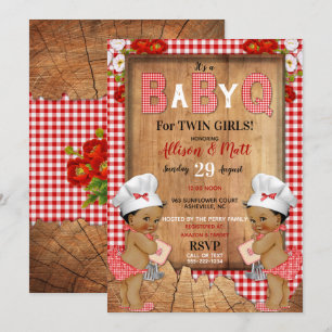 Zwillingsmädchen Rot kariert Holz Baby Q Barbecue Einladung
