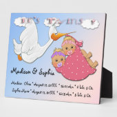 Zwillingsmädchen - Stork Keepake Plaque mit Easel Fotoplatte (Seite)