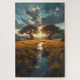 Zwillingsschutz – Goldenes Wiesen-Sonnenuntergangs Puzzle