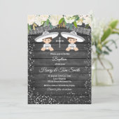 Zwillingssilber Glitzer Fiesta Boy Taufe Einladung (Stehend Vorderseite)