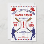 Zwillingstag, Junge 1. Geburtstag, Kleiner Slugger Einladung (Vorderseite)