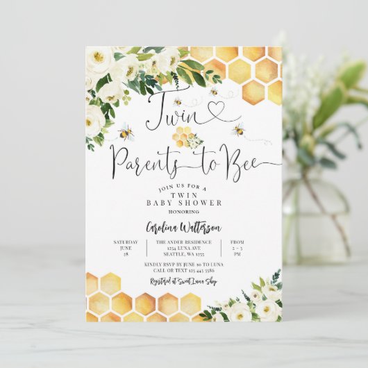 Zwillingsväter in der neutralen BienenBaby-Dusche Einladung (Stehend Vorderseite)