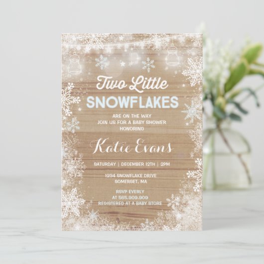 Zwillingswinterdusche Einladung Rustikal Blau (Stehend Vorderseite)