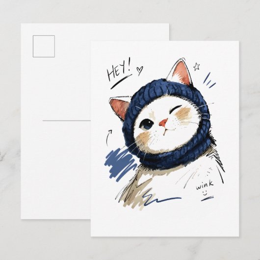 Zwinkerkatze mit gemütlichem Strickschal Postkarte (Vorne/Hinten)