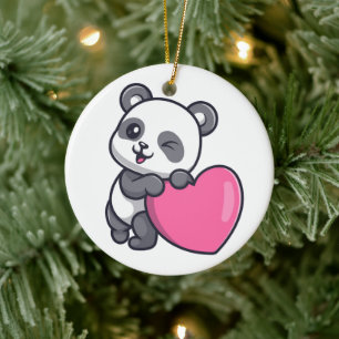 Zwinkerndes Panda Mit Rosa Herz Keramik Ornament