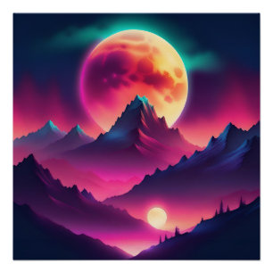 Zwischen den Bergen erhebender Mond Poster