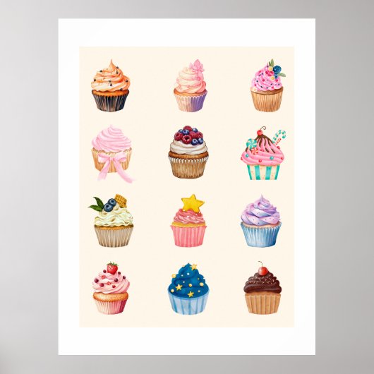 Zwölf Aquarell-Cupcakes Poster (Vorne)