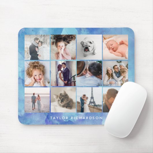 Zwölf FotoCollage | Aquarellblau Mousepad (Mit Mouse)