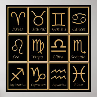 Zwölf goldene Zodiac-Zeichen drucken Poster