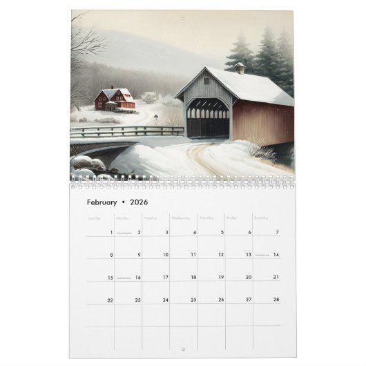 Zwölf Monate bedeckte Wasserfarbenbrücken Kalender (Feb 2026)