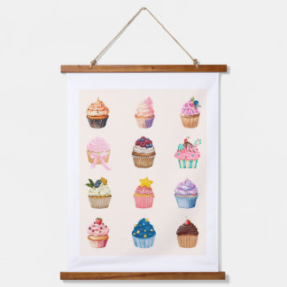 Zwölf Wasserfarben-Cupcakes Wandteppich Mit Holzrahmen