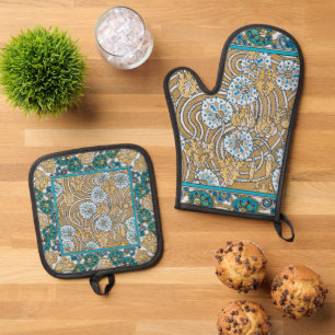 Zyklamenblaue Art Nouveau-Blume, botanisch Ofenhandschuh & Topflappen-Set