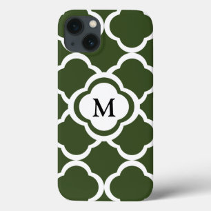 Zypresse Grün und Weiß Quatrefoil Monogramm iPhone 13 Hülle