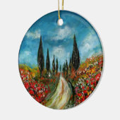 ZYPRESSEbäume UND -MOHNBLUMEN IN TOSKANA RUND Keramikornament (Links)