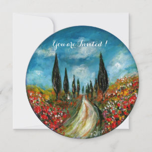 ZYpressen und Mohnblumen in der Toskana, rot blau Einladung